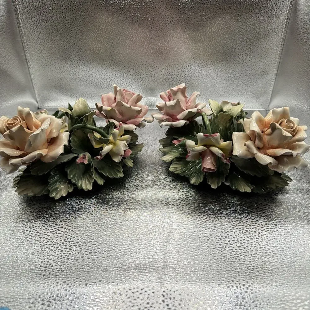Pair Of Vintage Porcelain Floral Capodimonte Candle Holders Centerpiece